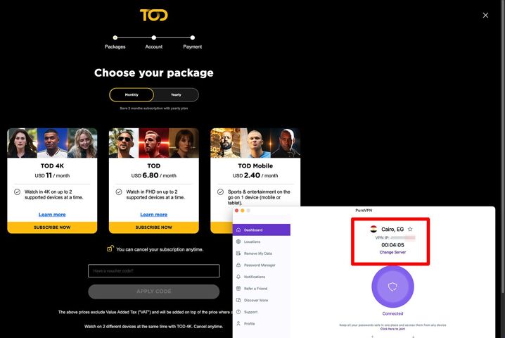 Cheapest TOD TV price subscription - Streaming Live Bein Sports with PureVPN